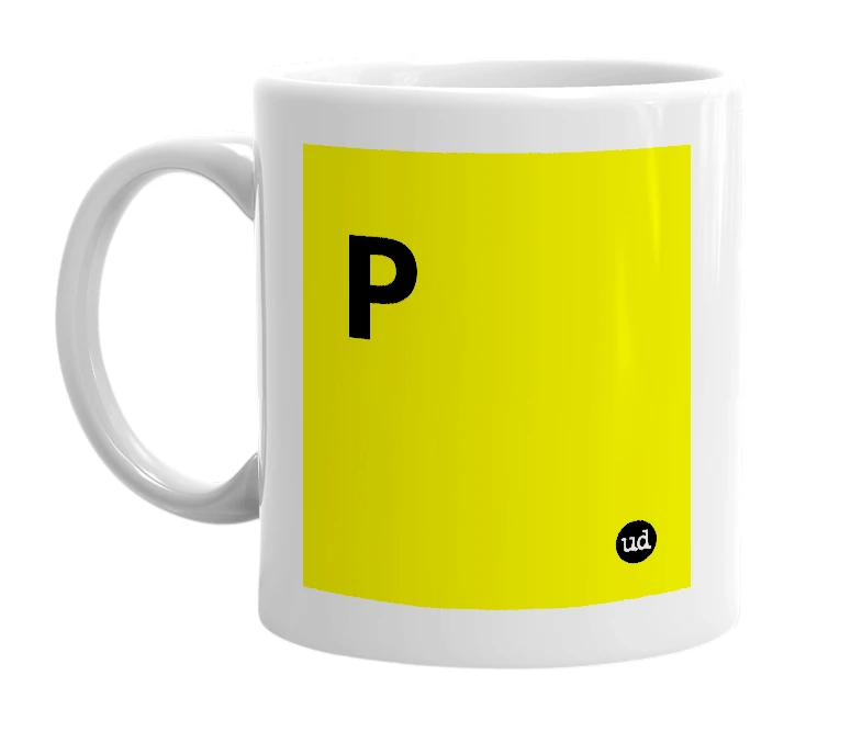 White mug with 'Ρ' in bold black letters