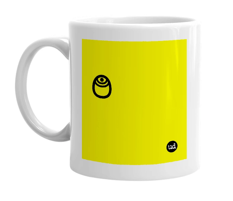 White mug with '࿉' in bold black letters