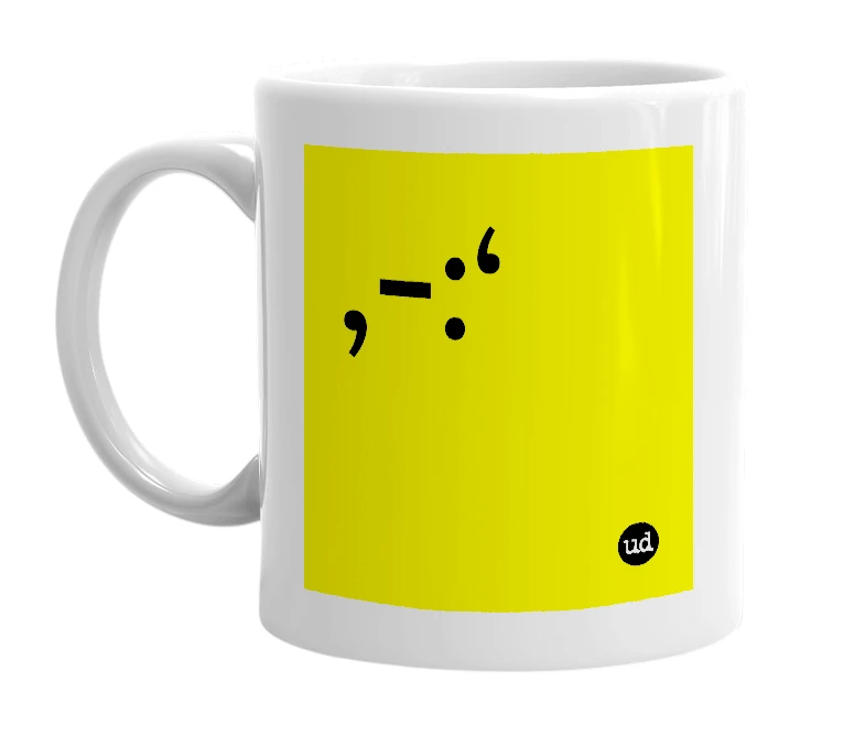 White mug with '‚-:‘' in bold black letters