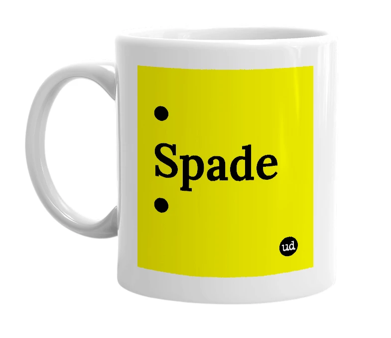 White mug with '• Spade •' in bold black letters
