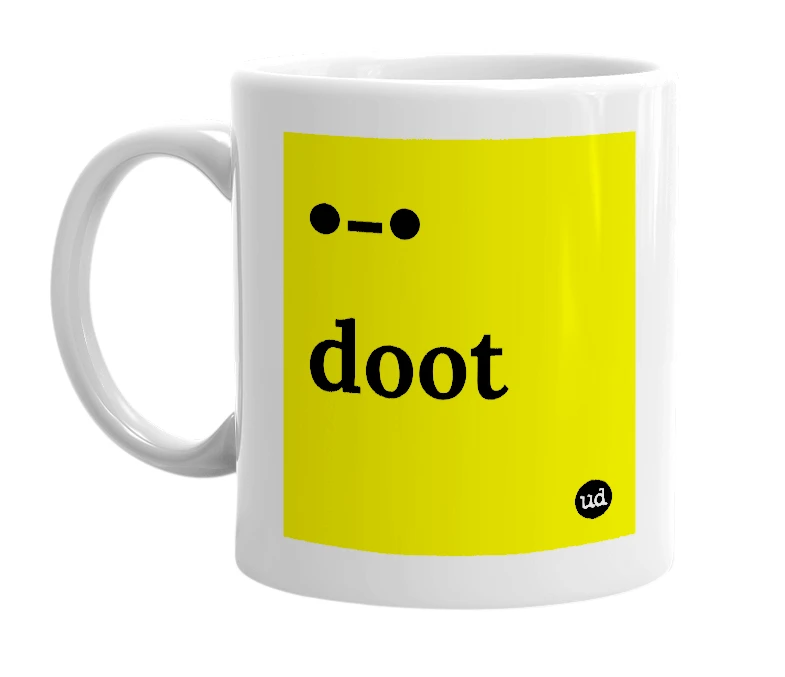 White mug with '•-• doot' in bold black letters