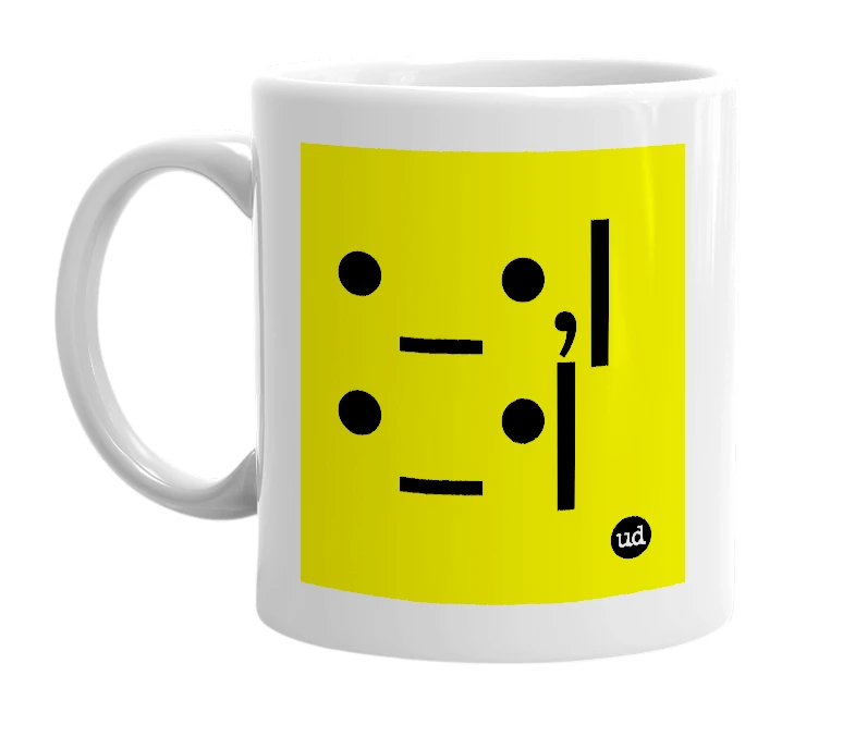 White mug with '•_•,|•_•|' in bold black letters