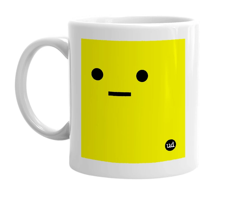 White mug with '•_•' in bold black letters