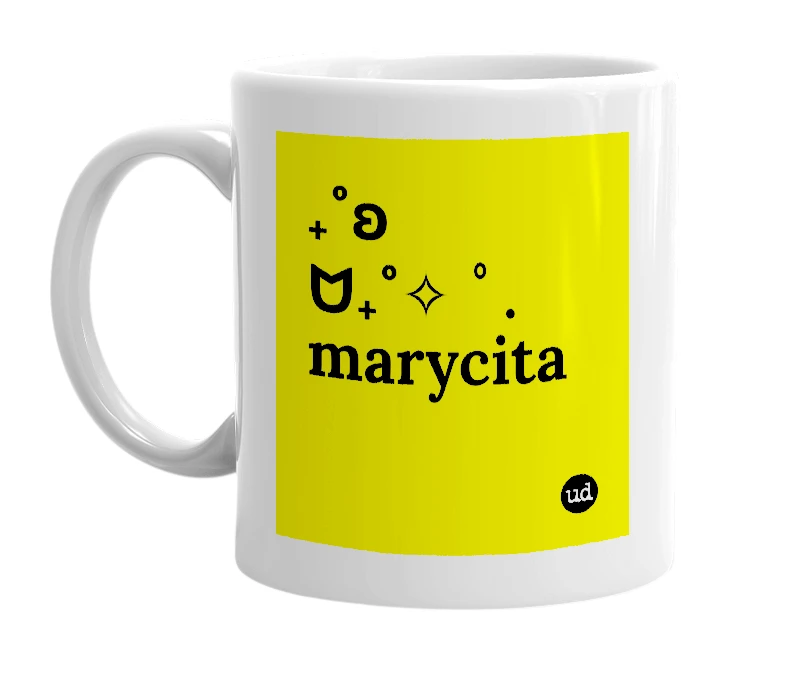 White mug with '₊˚ʚ ᗢ₊˚✧ ﾟ. marycita' in bold black letters