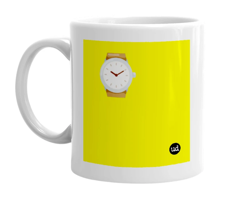 White mug with '⌚' in bold black letters