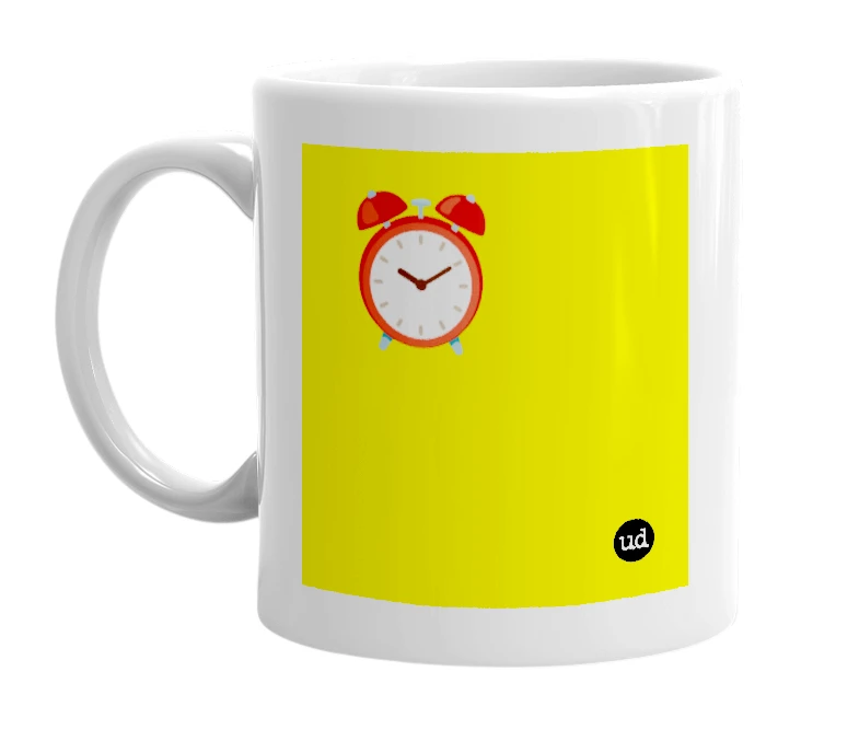 White mug with '⏰' in bold black letters