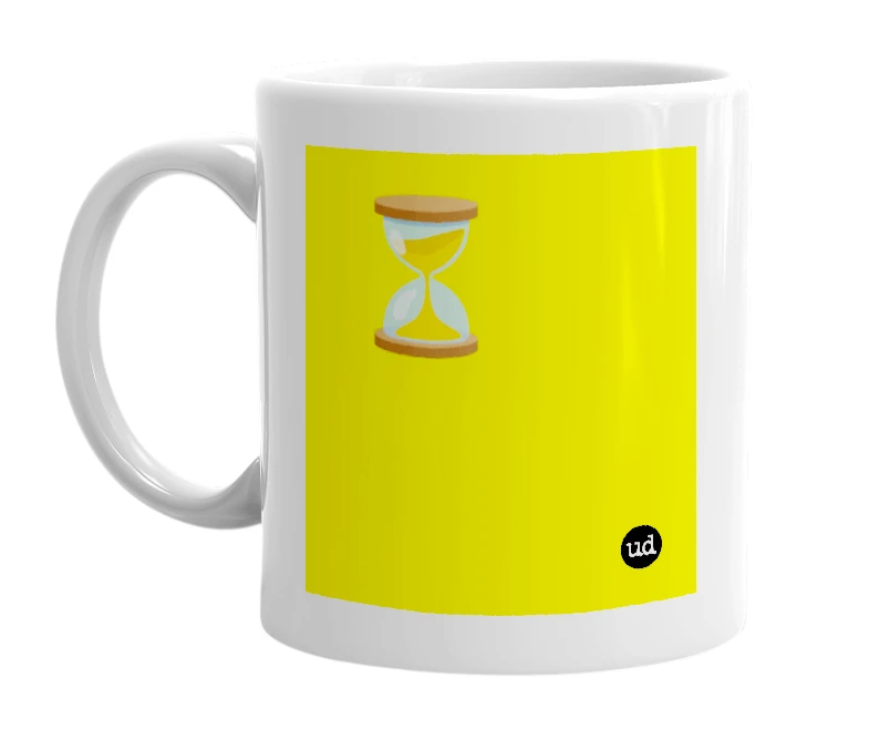 White mug with '⏳' in bold black letters
