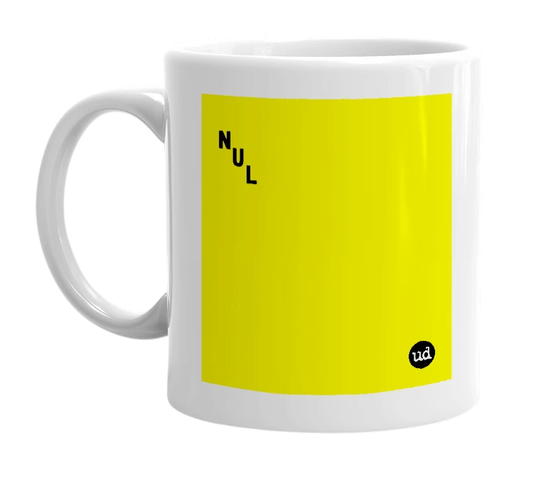 White mug with '␀' in bold black letters
