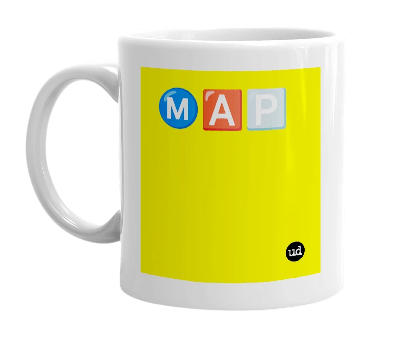 White mug with 'Ⓜ️🅰️🅿️' in bold black letters