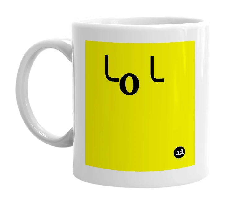 White mug with '╰o╰' in bold black letters