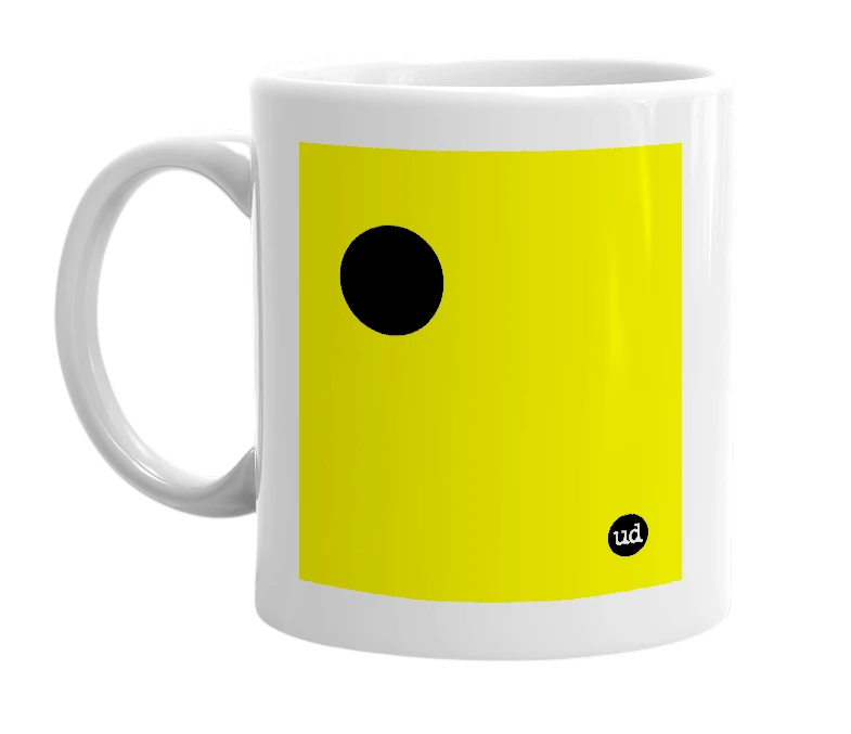White mug with '●' in bold black letters