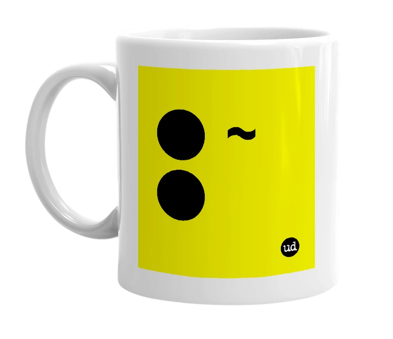 White mug with '● ~ ●' in bold black letters