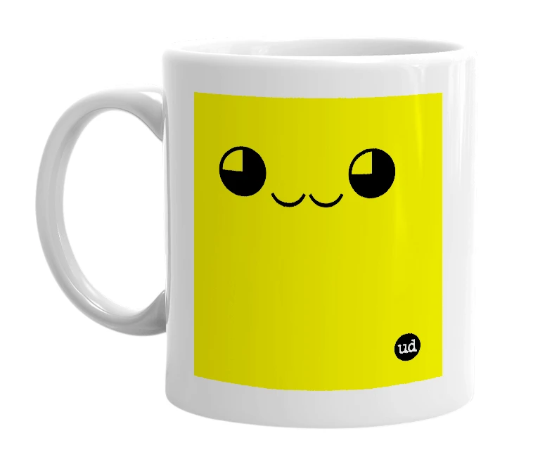 White mug with '◕‿‿◕' in bold black letters