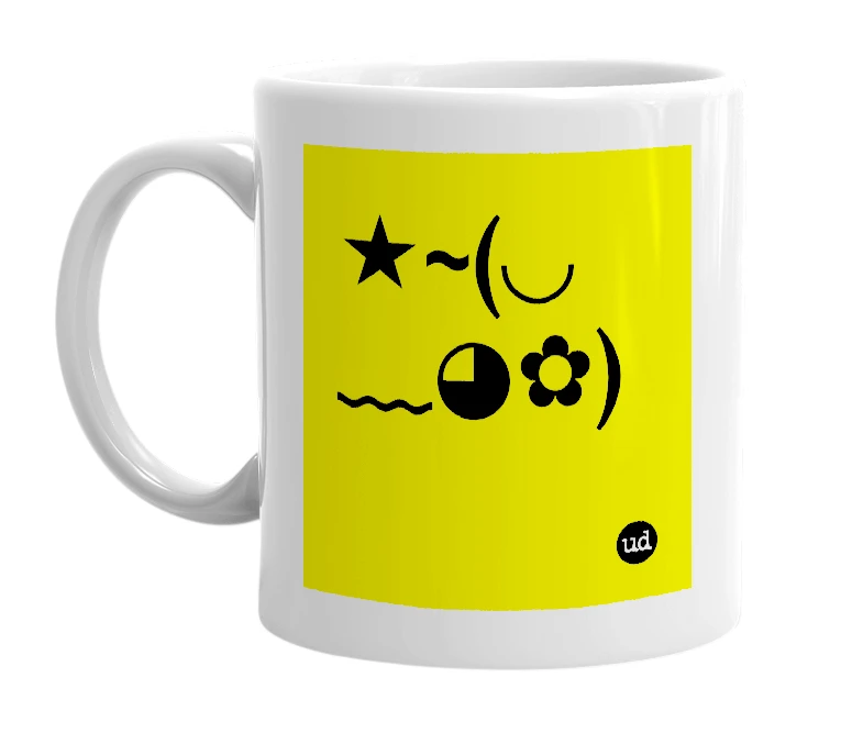 White mug with '★~(◡﹏◕✿)' in bold black letters