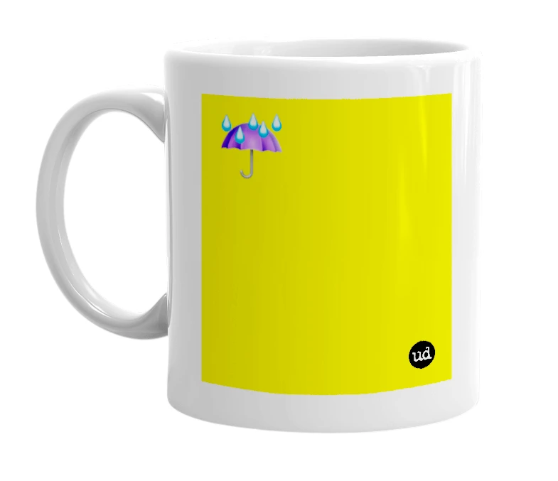 White mug with '☔' in bold black letters