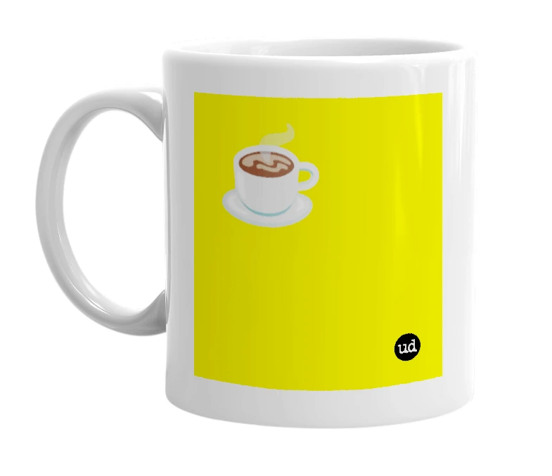 White mug with '☕' in bold black letters