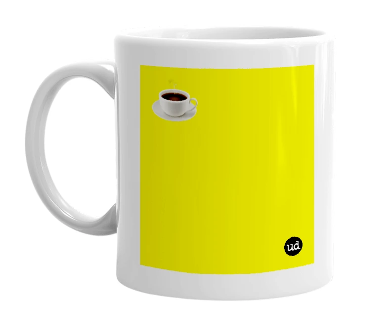 White mug with '☕️' in bold black letters