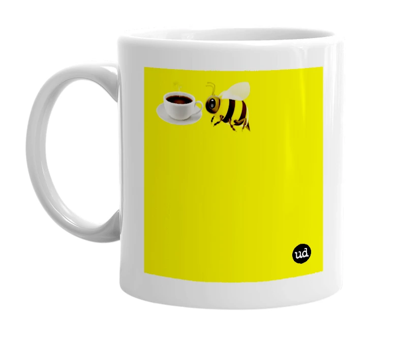 White mug with '☕️🐝' in bold black letters