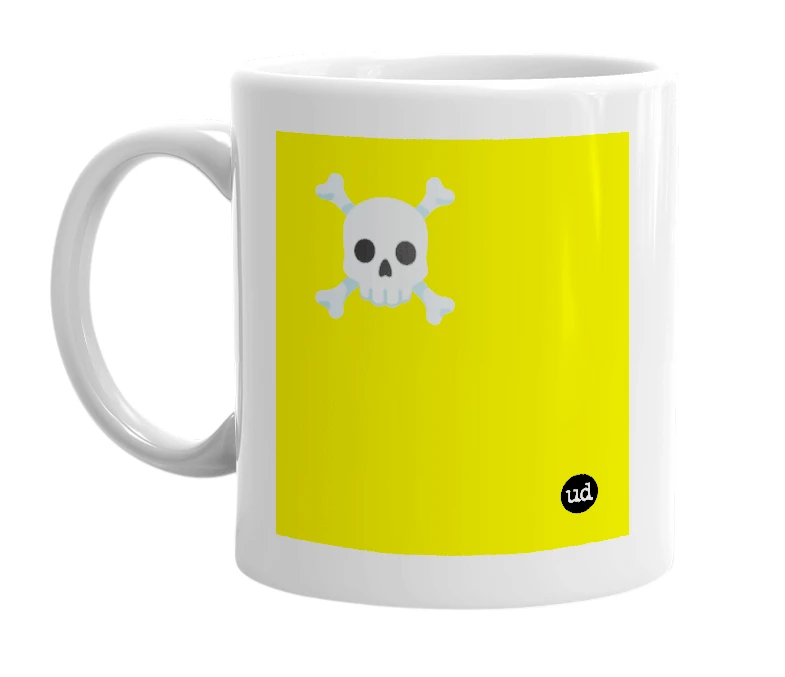 White mug with '☠️' in bold black letters