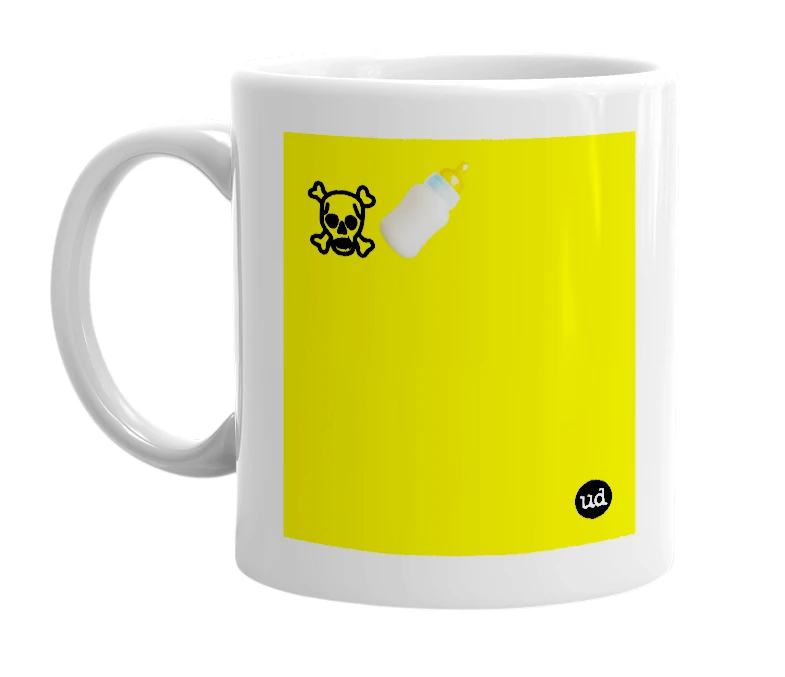 White mug with '☠️🍼' in bold black letters