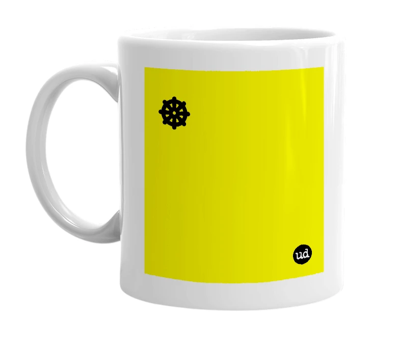 White mug with '☸' in bold black letters