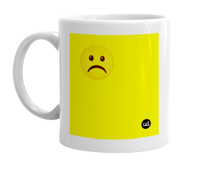 White mug with '☹️' in bold black letters