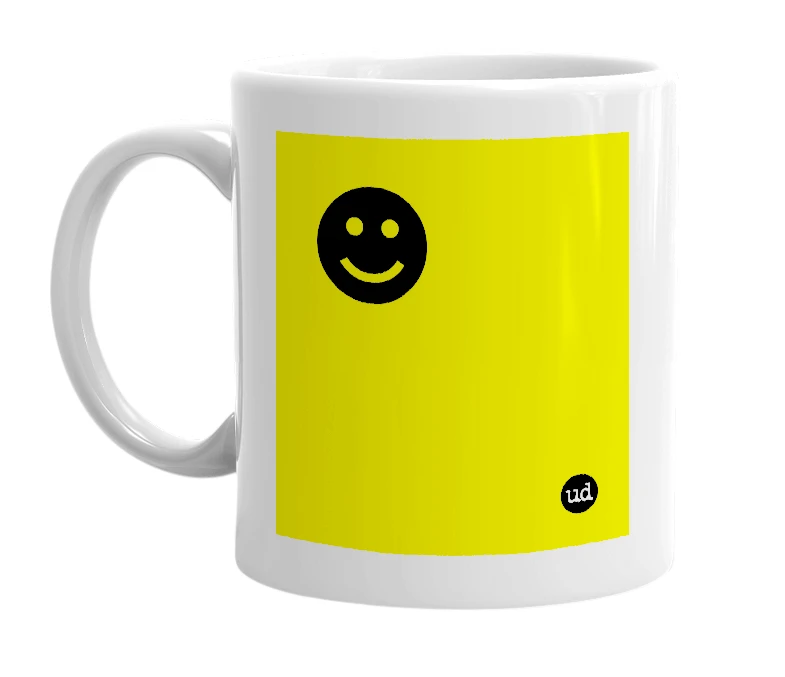 White mug with '☻' in bold black letters