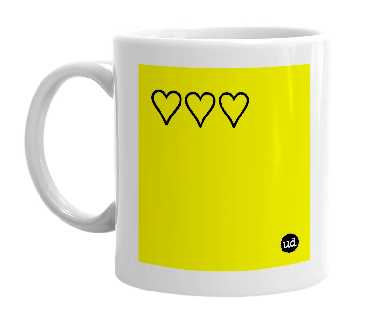 White mug with '♡♡♡' in bold black letters