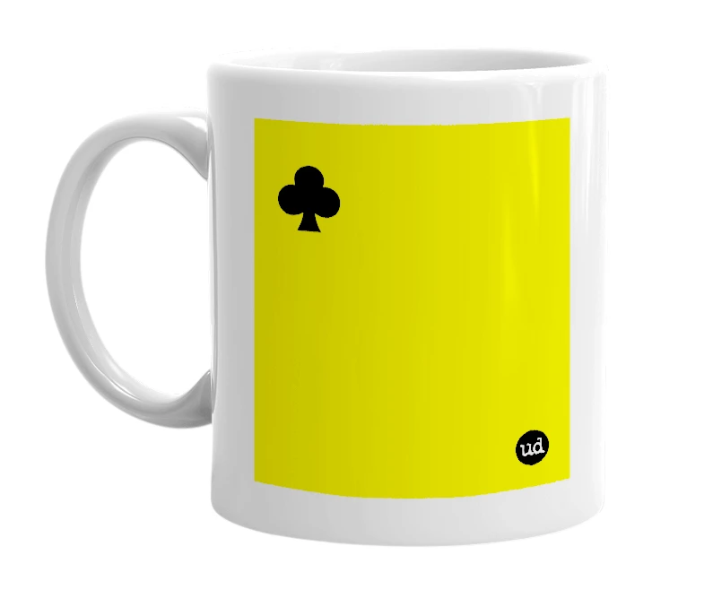 White mug with '♣️' in bold black letters