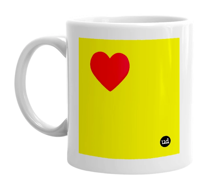 White mug with '♥️' in bold black letters