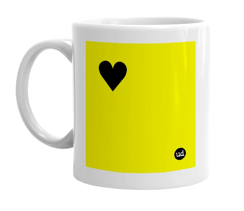 White mug with '♥' in bold black letters