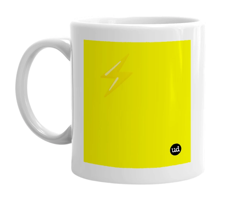 White mug with '⚡' in bold black letters