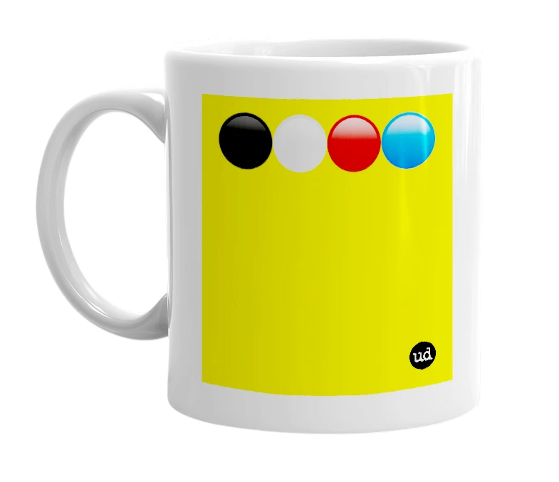 White mug with '⚫️⚪️🔴🔵' in bold black letters