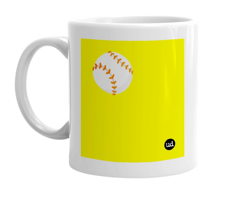 White mug with '⚾️' in bold black letters