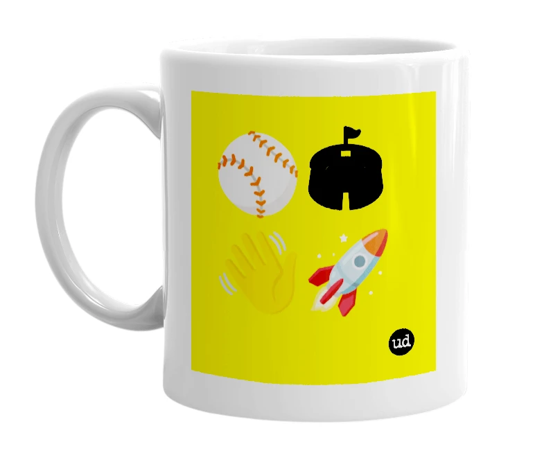 White mug with '⚾️🏟👋🚀' in bold black letters