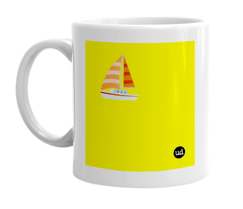 White mug with '⛵' in bold black letters