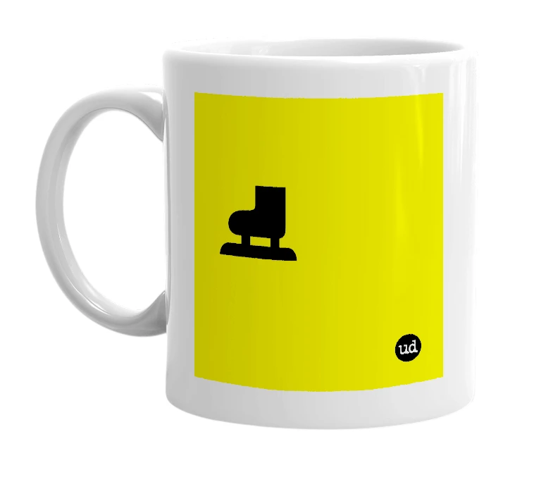 White mug with '⛸' in bold black letters