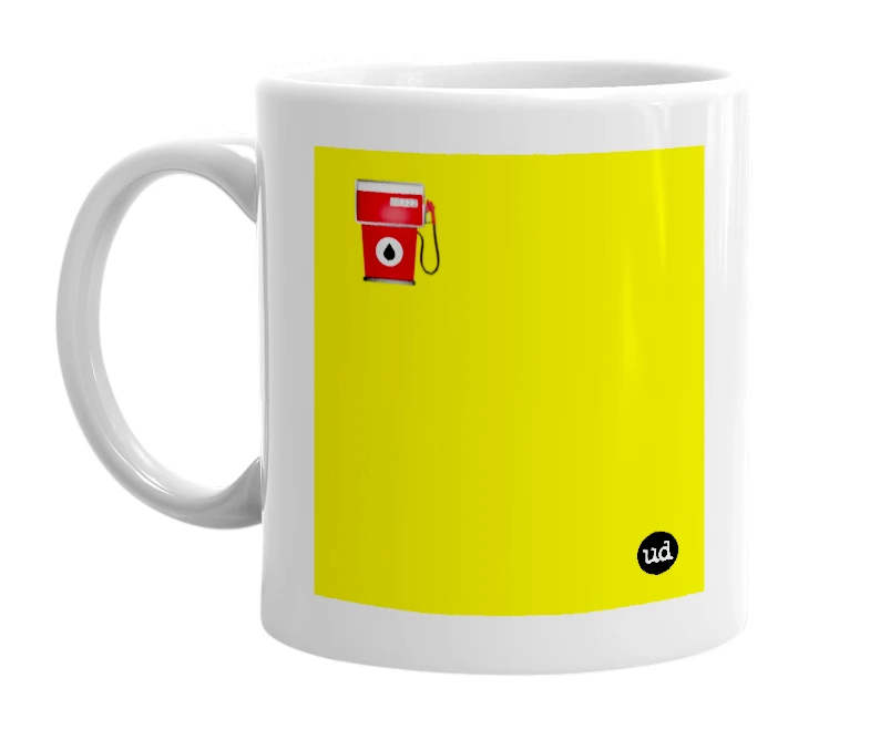 White mug with '⛽️' in bold black letters