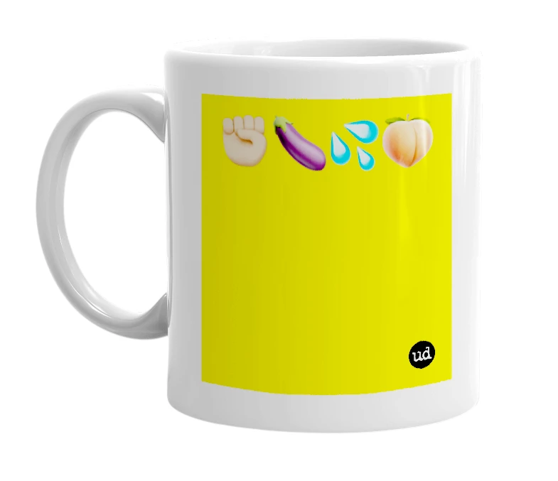 White mug with '✊🏼🍆💦🍑' in bold black letters