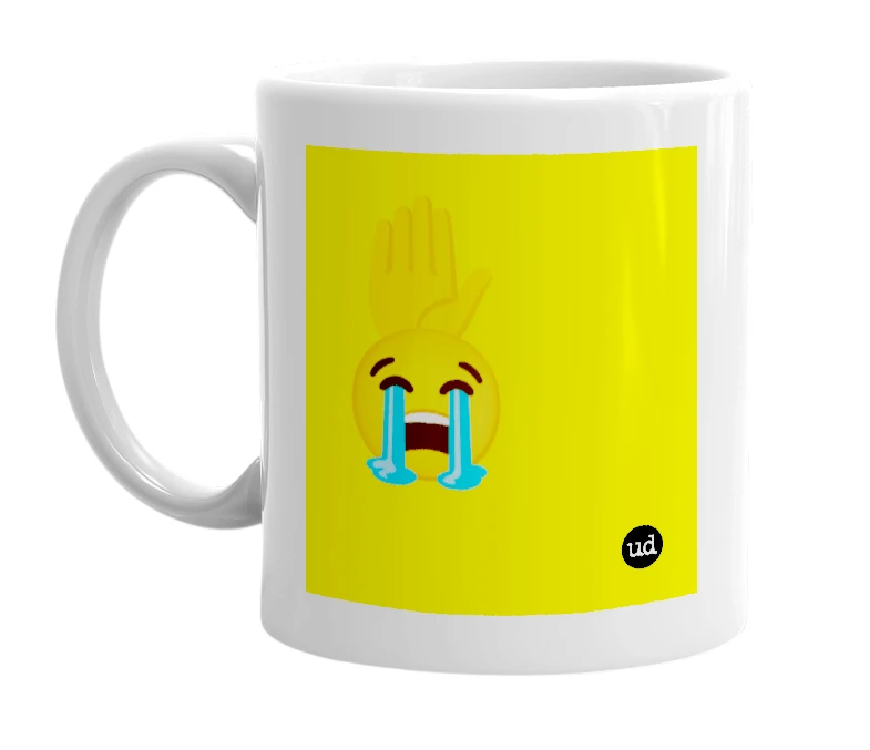 White mug with '✋😭' in bold black letters