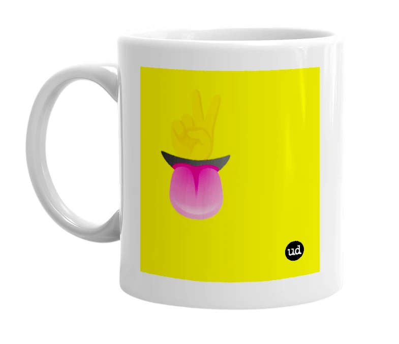 White mug with '✌️👅' in bold black letters