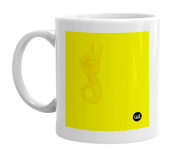 White mug with '✌️👌' in bold black letters