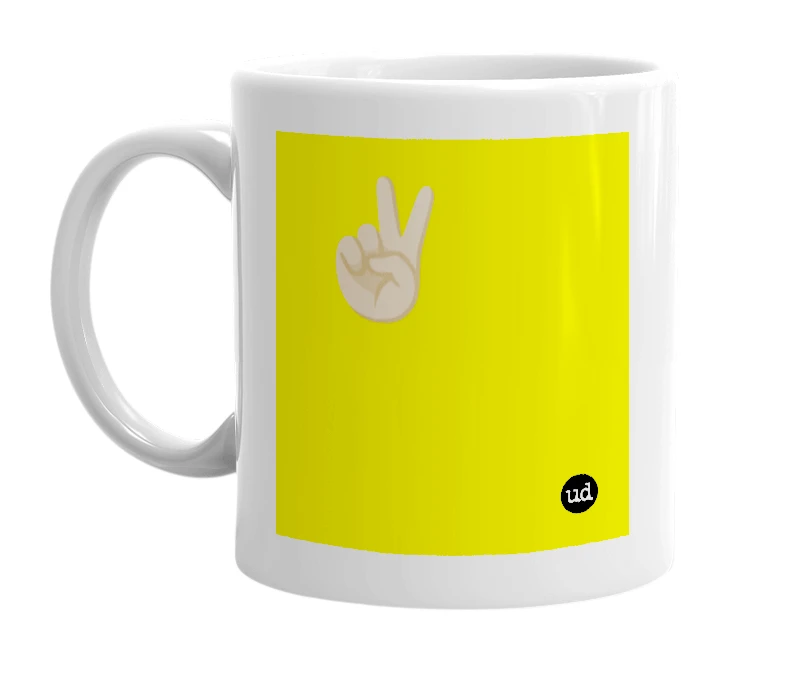 White mug with '✌🏼' in bold black letters