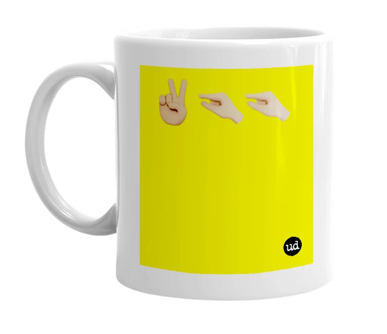 White mug with '✌🏽🤏🏽🤏🏽' in bold black letters