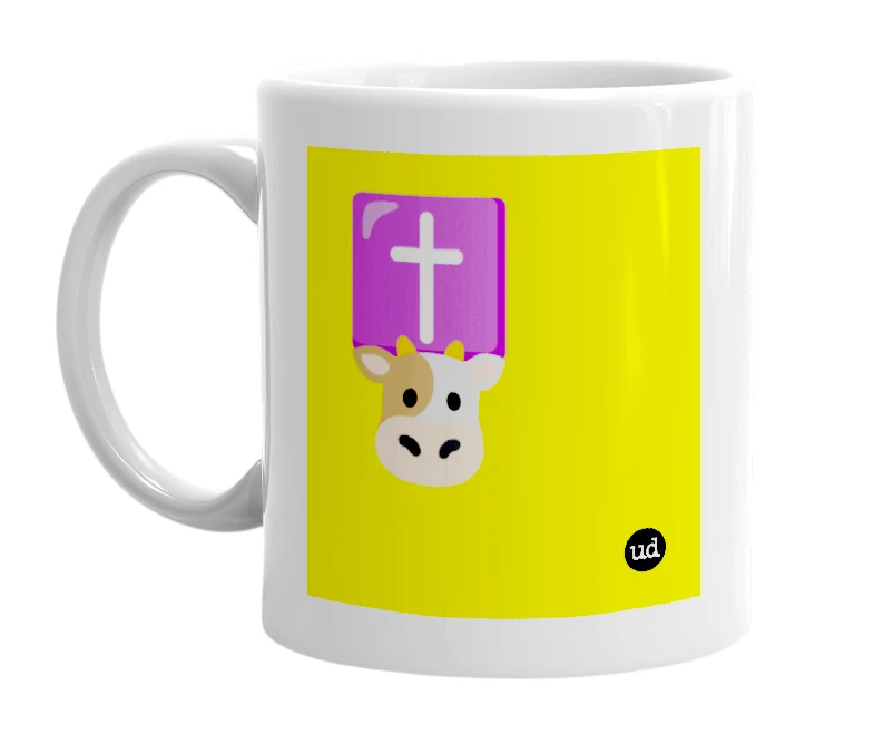 White mug with '✝️🐮' in bold black letters