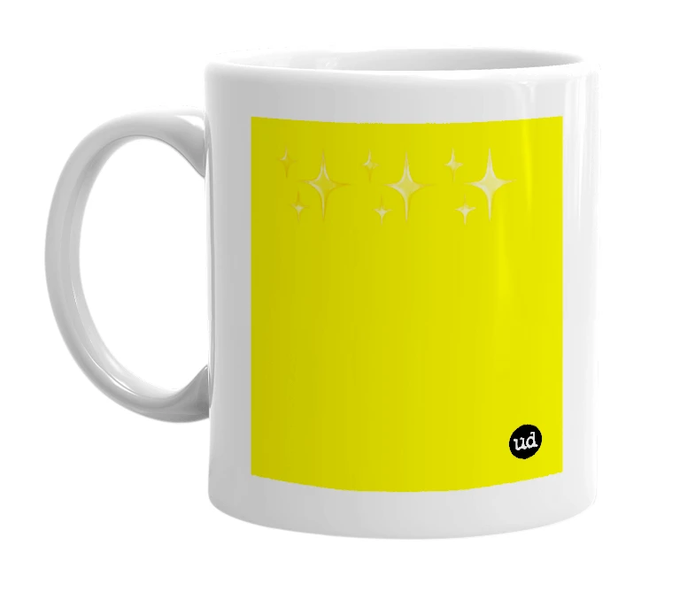 White mug with '✨✨✨' in bold black letters