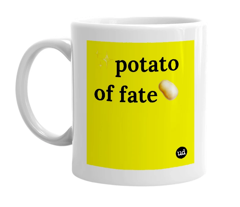 White mug with '✨potato of fate🥔' in bold black letters