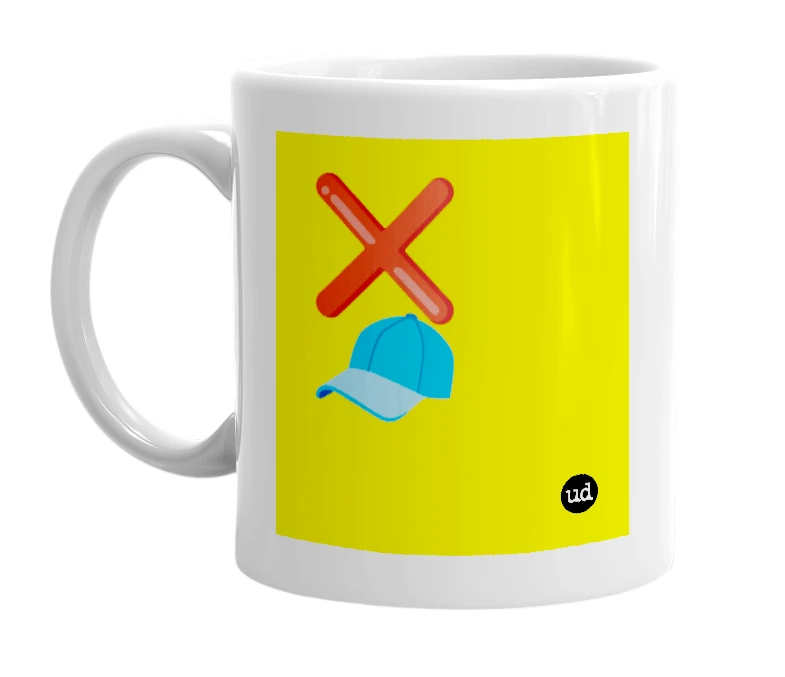 White mug with '❌🧢' in bold black letters