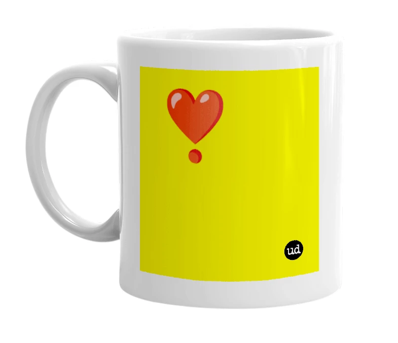 White mug with '❣️' in bold black letters