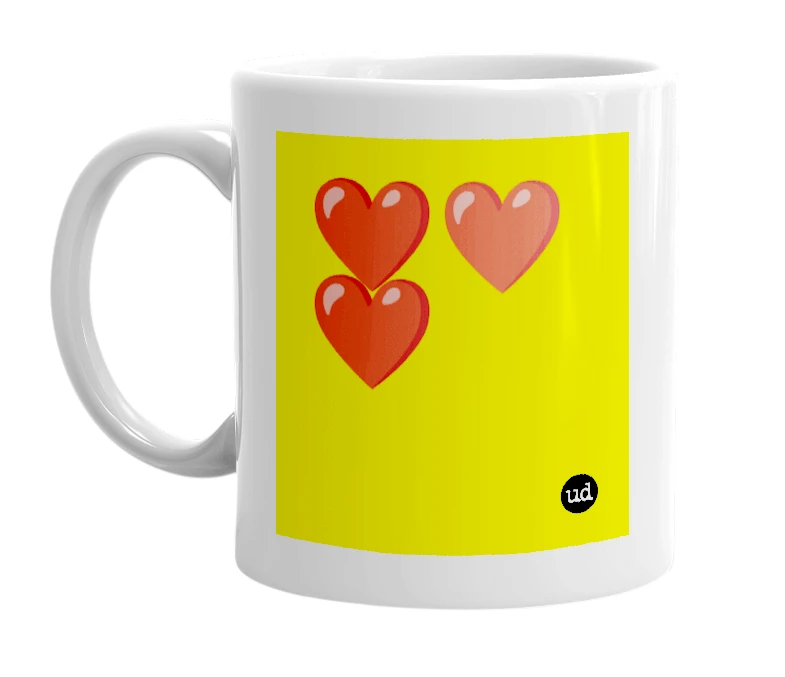 White mug with '❤️❤️❤️' in bold black letters